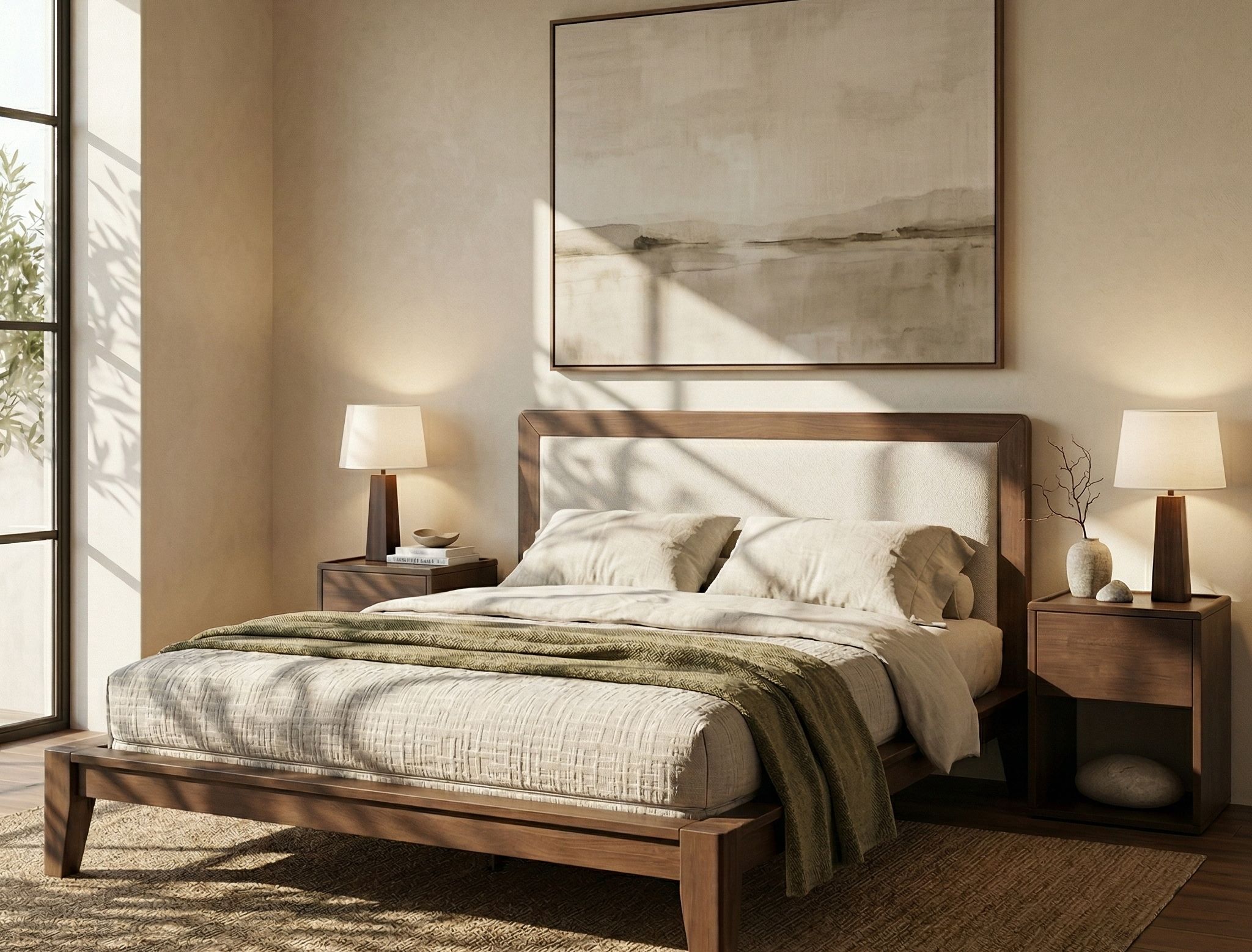 A warm bedroom with a wooden bed and linen bedding